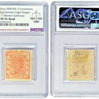  1882年大清大龙阔边邮票叁分银，盖红色英文海关日戳，ASG F/VF75 Used，包克收藏
