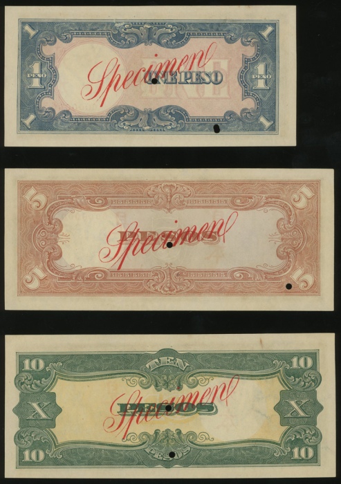  1943-44年二战日佔菲律宾样票5枚，包括 1，5，10 及 500 比索，AUNC-UNC，罕见一组