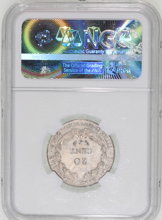  1885-97年法属安南20仙合面币错体，NGC MS61，NGC目前仅有2枚获评级