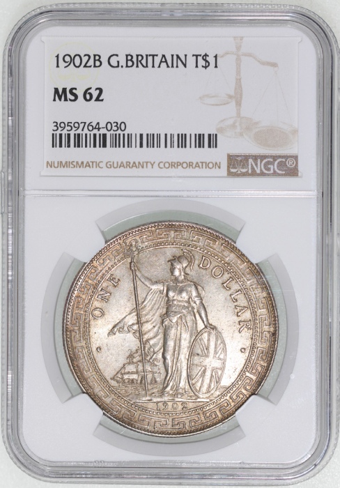  1902-B英国贸易银元，NGC MS61，#3959764-030