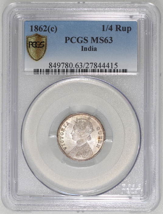  1862C年印度1/4卢比银币，PCGS MS63