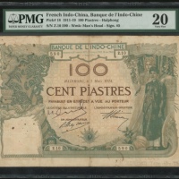  1914年法属安南100元，海防，编号 Z.10 590，PMG 20 (锈渍，有钉孔)，少见好品相