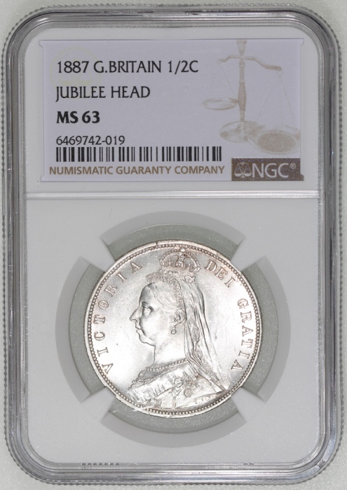  1887年英国1/2克朗银币，NGC MS63