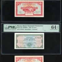  1940-1950年代澳门大西洋海外汇理银行一毫一组3枚，包括1946年库存票及发行票各1枚，编号D1392268及1952年库存票，编号2178910，46年库存票评PMG66EPQ，52年库存票6