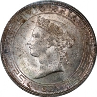  1867年香港一圆，PCGS UNC Detail币边有损，#45637187，维多利亚一圆一向存世不多，边缘的轻微损害也不减其吸引性