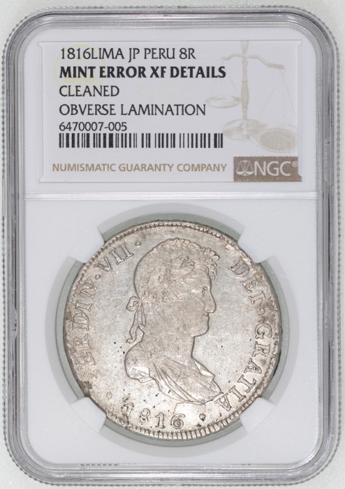  1816LIMA JP秘鲁8里尔银币，正面坯饼剥离，NGC XF (有清洗)