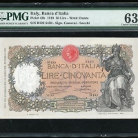  1919年意大利50里拉，编号 R122 5450，PMG 63 (有擦痕)，PMG评级最高分，罕有