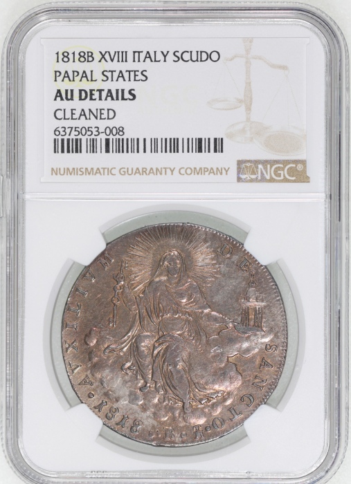  1818B年意大利教皇国1scudo银币，NGC AU (有清洗)
