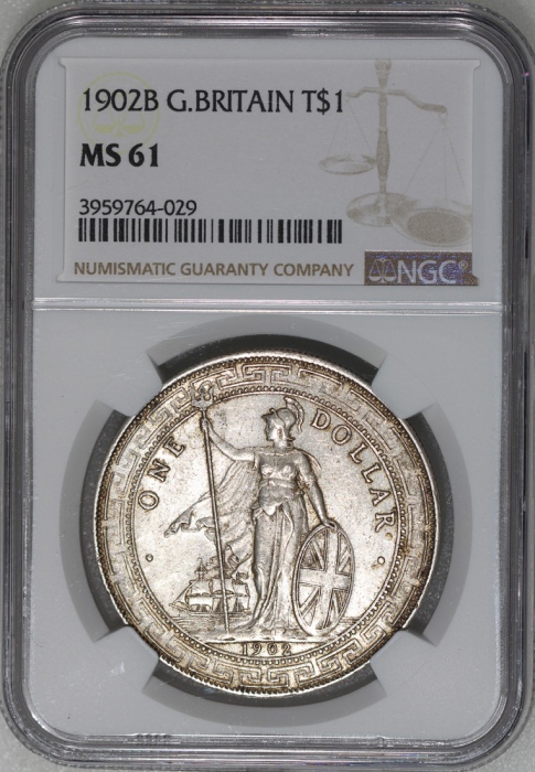  1902-B英国贸易银元，NGC MS62，#3959764-029