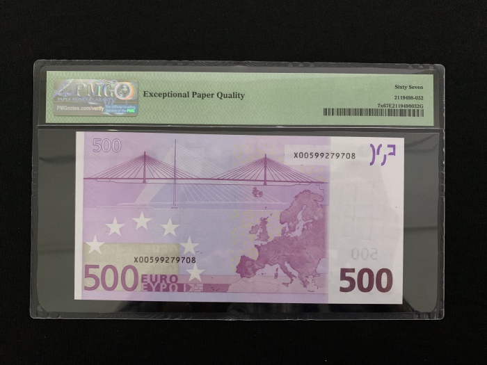  2002年欧盟500欧元，编号X00599279708，PMG 67EPQ