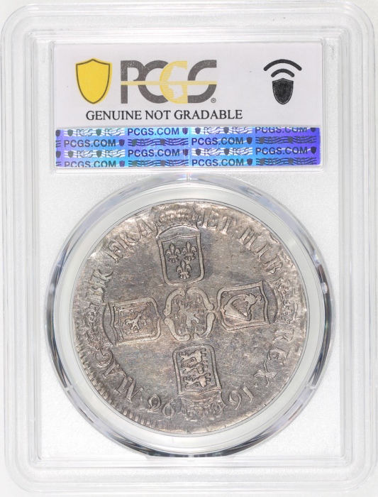 1696年英国1克朗银币 (5先令)，PCGS XF Detail (币边有损)