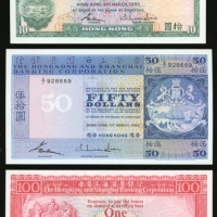 1983年香港汇丰银行10元，50元及100元，均以‘59’号结尾，UNC，均為1983年内最后发行日期