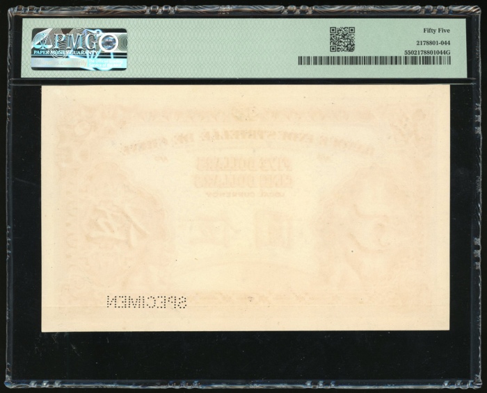 1914-20年中法实业银行伍圆正背面试色样钞一对,分别评PMG 55及62(有黏贴痕跡),未曾曝光之试色样钞,未见地名,设计华丽细緻,色彩丰富鲜明,完美展示布拉德伯里厂高水準之印刷技术 1914-20年中法实业银行伍圆正背面试色样钞一对,分别评PMG 55及62(有黏贴痕跡),未曾曝光之试色样钞,未见地名,设计华丽细緻,色彩丰富鲜明,完美展示布拉德伯里厂高水準之印刷技术