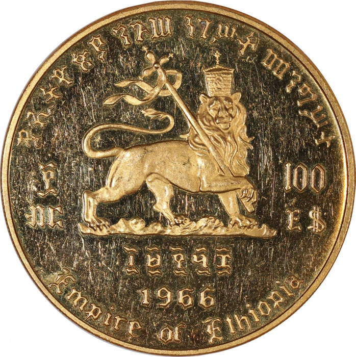  1966年埃塞俄比亚海尔塞拉西一世精铸样金币100元，0.900金, 40g，NGC PF60