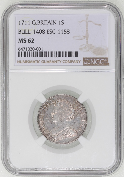  1711年英国1先令银币，NGC MS62