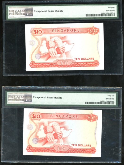  1973年新加坡10元3枚连号，编号 B/83 119271/2/3，兰花系列，PMG 66EPQ