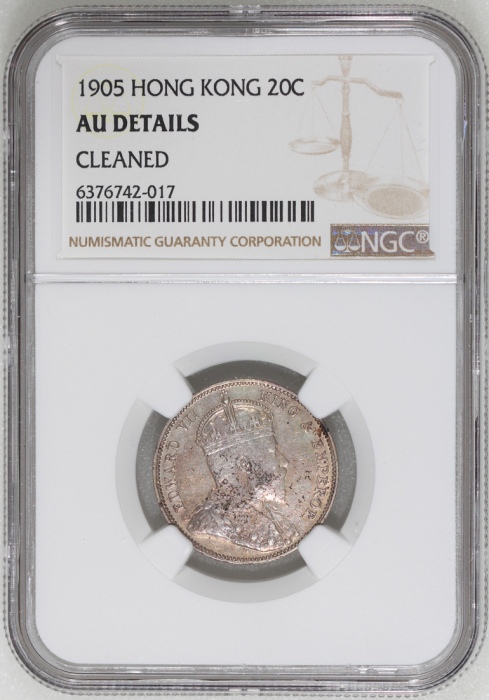  1905年香港二毫，NGC AU Details有清洗，#6376742-017，罕见重要年份