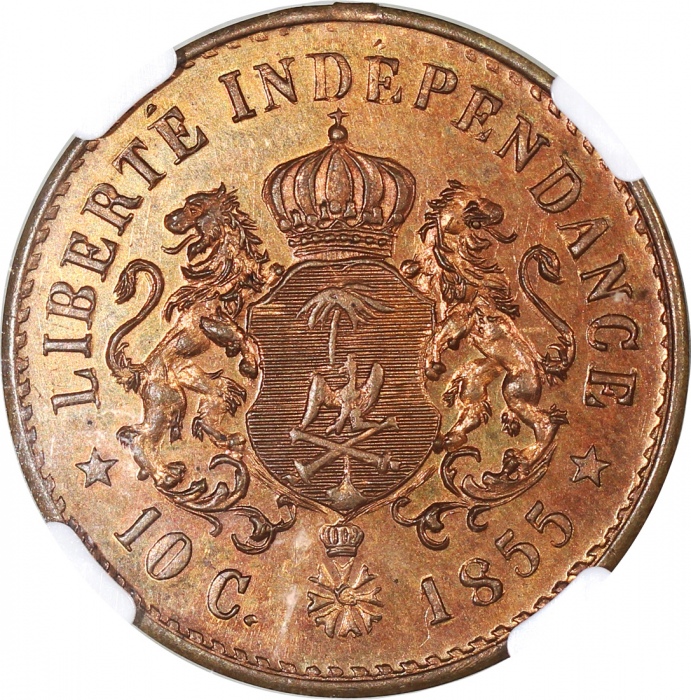  1855年海地10分铜样币, 老彩包浆，NGC PF64RD