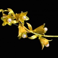  Tiffany & Co蒂芙尼18K金质古董兰玲草胸针，带珍珠，帕洛玛·毕加索（Paloma Picasso）签名系列，重10.6克，华人家族收藏