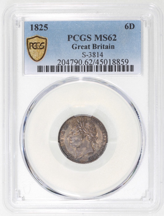  1825年英国6便士银币，NGC MS62