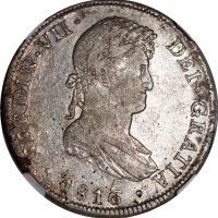  1816LIMA JP秘鲁8里尔银币，正面坯饼剥离，NGC XF (有清洗)