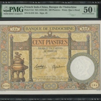 1936-39年法属安南100元，编号 D.219 184，PMG 50EPQ，受追捧