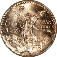  1947年墨西哥50披索金币, 后铸版，41.67g，0.9金，NGC MS64