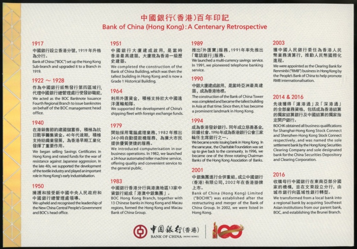  2017年中国银行100元纪念钞10枚一组，UNC，附原封套装