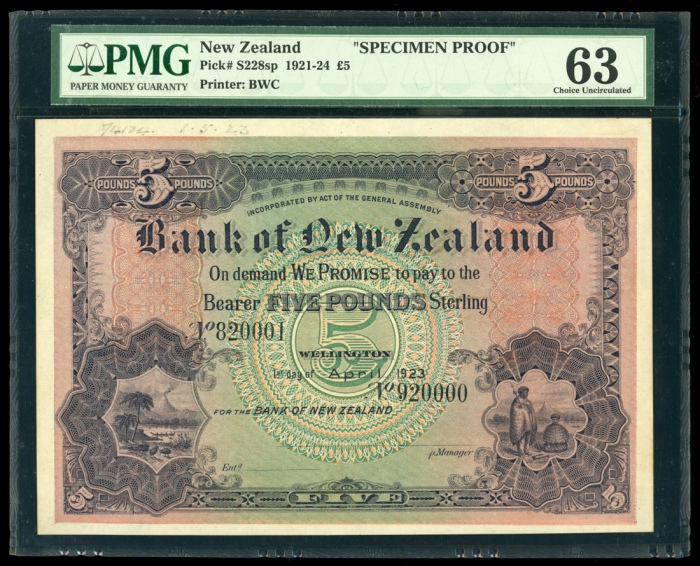  1923年新西兰5镑样票，编号 82001 920000，PMG 63 (印刷厂书写)