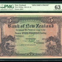  1923年新西兰5镑样票，编号 82001 920000，PMG 63 (印刷厂书写)