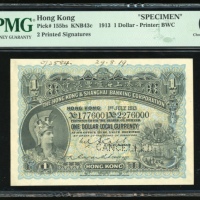  1913年香港上海汇丰银行1元样票，编号1776001至2276000，PMG 64，有印刷商笔註，属於早年样钞，非常难得，亦深受市场欢迎