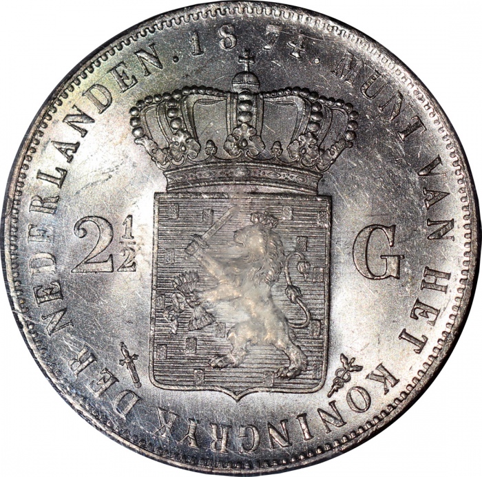  1874年荷兰2 1/2盾，PCGS MS62+