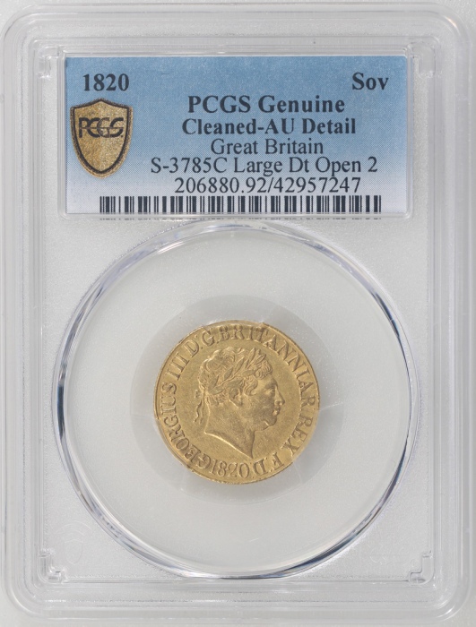  1820年英国1索维林金币，PCGS AU Detail (有清洗)