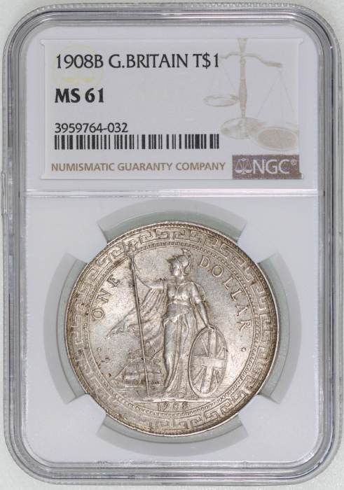  1908-B英国贸易银元，NGC MS61，#3959764-032