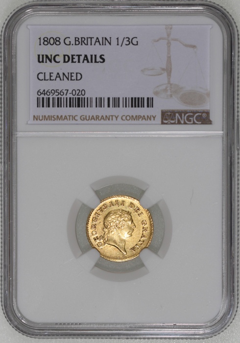  1808年英国1/3坚尼金币，NGC UNC Detail (有清洗)