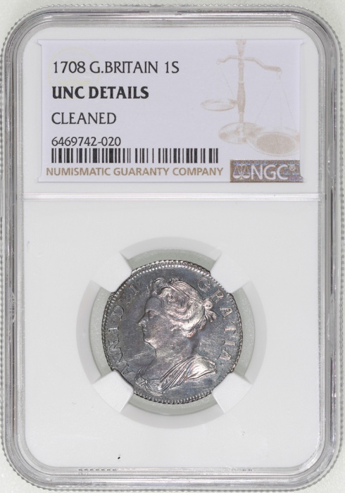  1708年英国1先令银币，NGC UNC (有清洗)