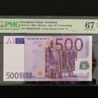  2002年欧盟500欧元，编号X00599279708，PMG 67EPQ