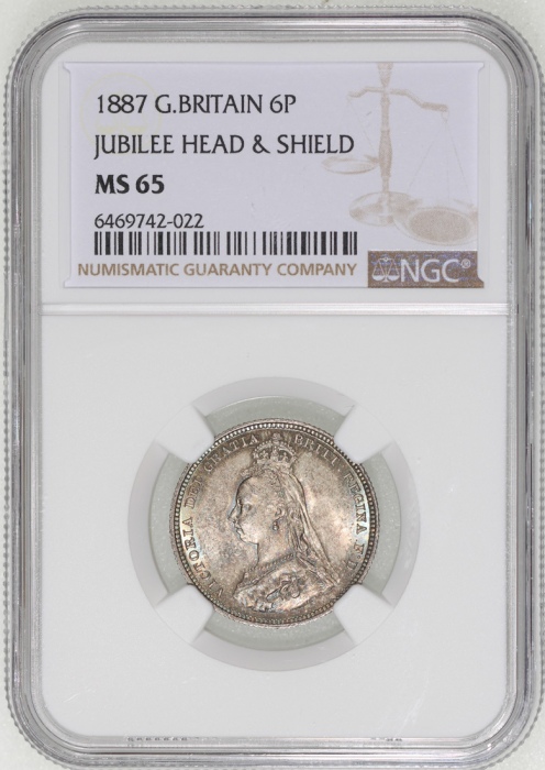  1887年英国6便士银币，NGC MS65