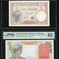  法属安南纸币2枚，1及100元，以及1942年法国100法郎，PMG 40，64，64