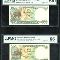  1988年印尼500盾2枚，编号均111111，均评PMG 66EPQ