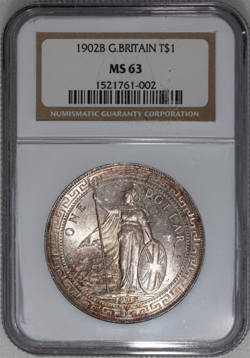  1902-B英国贸易银元，带暗金色调包浆，NGC MS63，#1521761-002