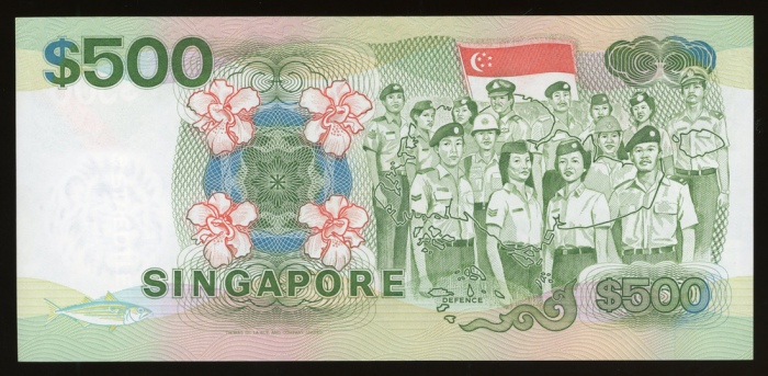  1988年新加坡500元，编号 A/1 579995，船系列 UNC，罕见大面值纸钞