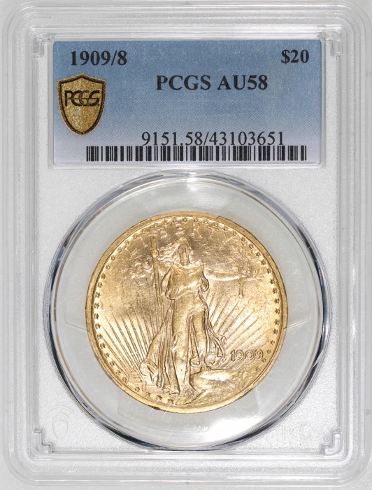  1909/8年美国20元金币，PCGS AU58