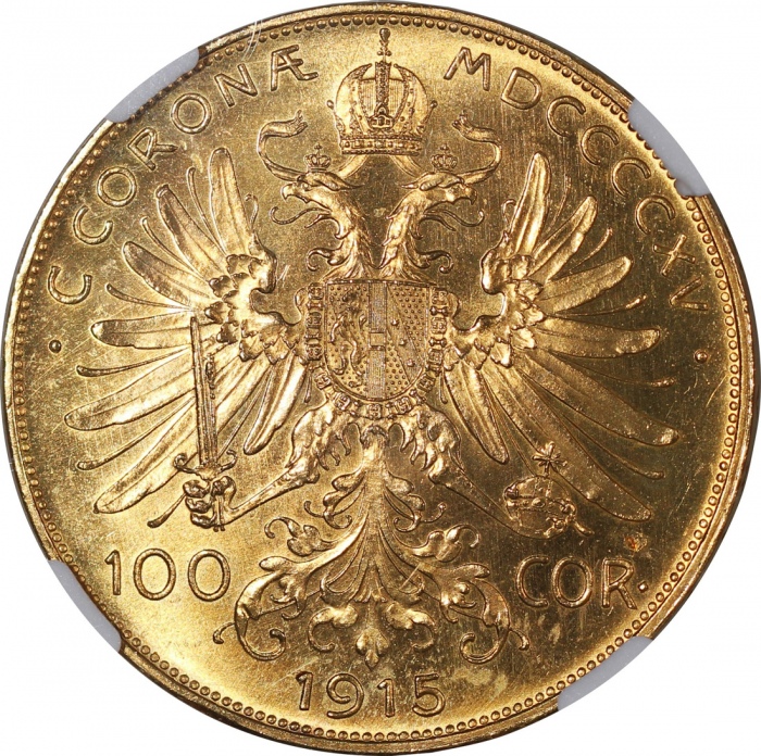  1915年奥地利100克朗金币，后铸版，NGC UNC Details