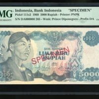  1968年印尼5,000盾样票，编号 DA000000，PMG 64 (有细孔)