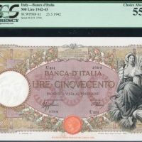  1942-43年意大利50里拉，编号 U251 3794，PCGS Currency 55