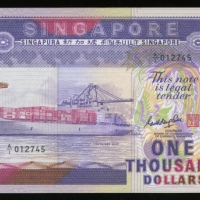  1988年新加坡1000元，编号 A/1 012745，船系列，UNC，罕见大面值纸钞