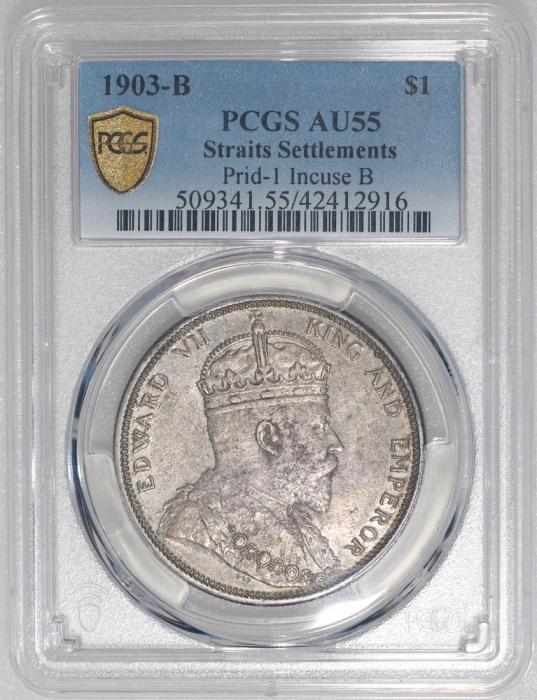  1903-B海峡殖民地1元银币，PCGS AU55