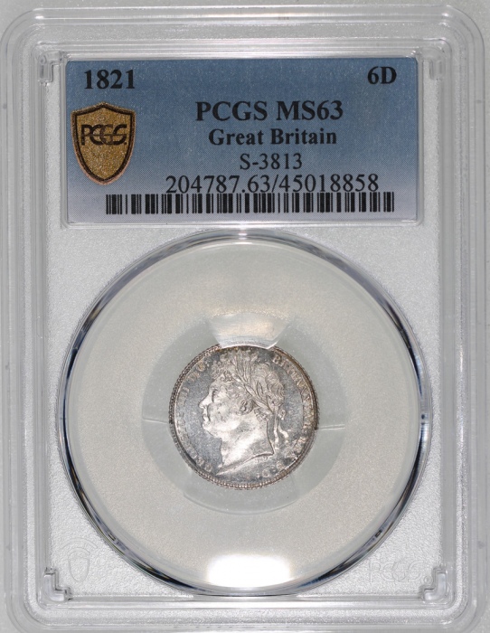  1821年英国6便士银币，NGC MS63