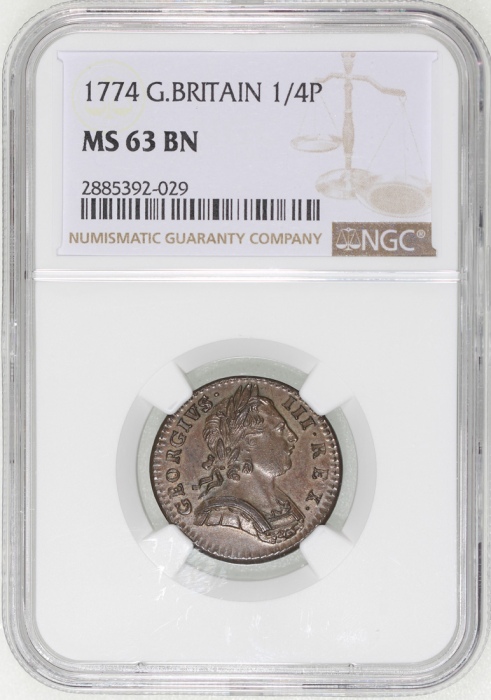  1774年英国1/4便士铜币，NGC MS63BN